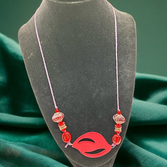 Red Mixed Media with Asian Elements Necklace! - Picture 1 of 4